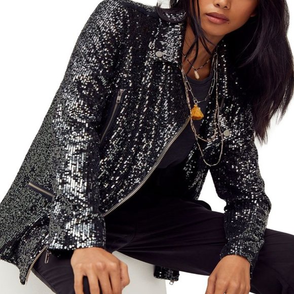 FREE PEOPLE Midnight Message Sequin Moto Jacket NWT XS - Picture 4 of 13